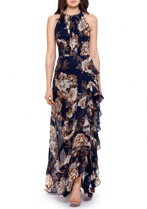 Womens Halter Neck Floral Chiffon Gown 