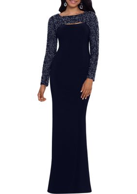 Betsy & Adam Women's Cut Out Neck Long Beaded Sleeve Gown