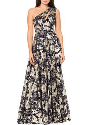Betsy & Adam Women's Sleeveless Floral One-Shoulder Gown
