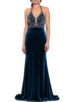 Women's V-Neck Beaded Velvet Gown