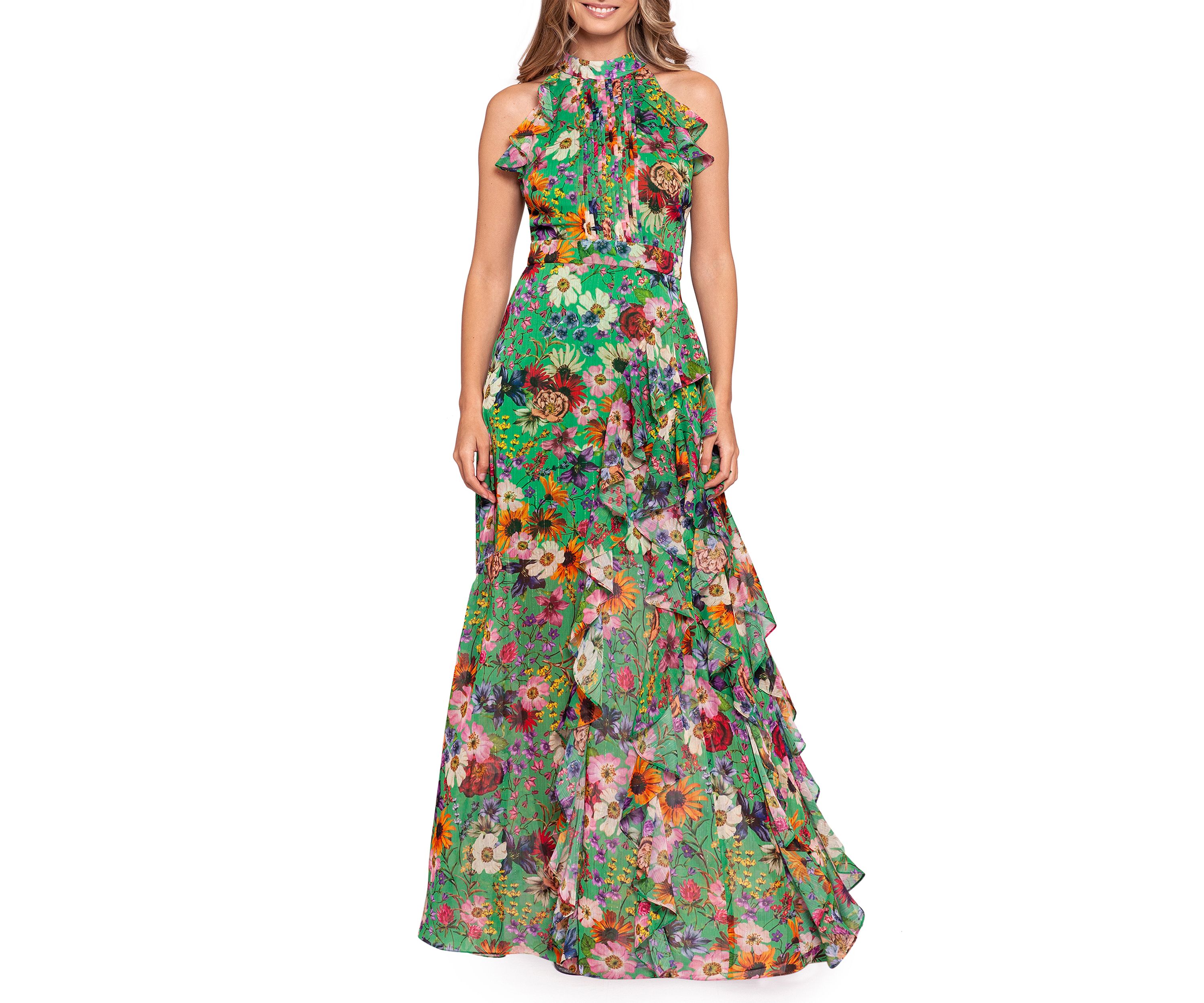 Womens Sleeveless Floral Halter Neck Gown 