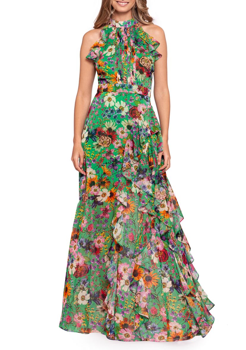 Womens Sleeveless Floral Halter Neck Gown 
