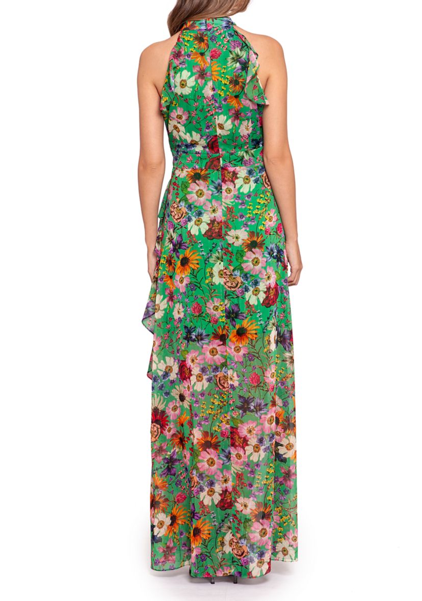 Womens Sleeveless Floral Halter Neck Gown 