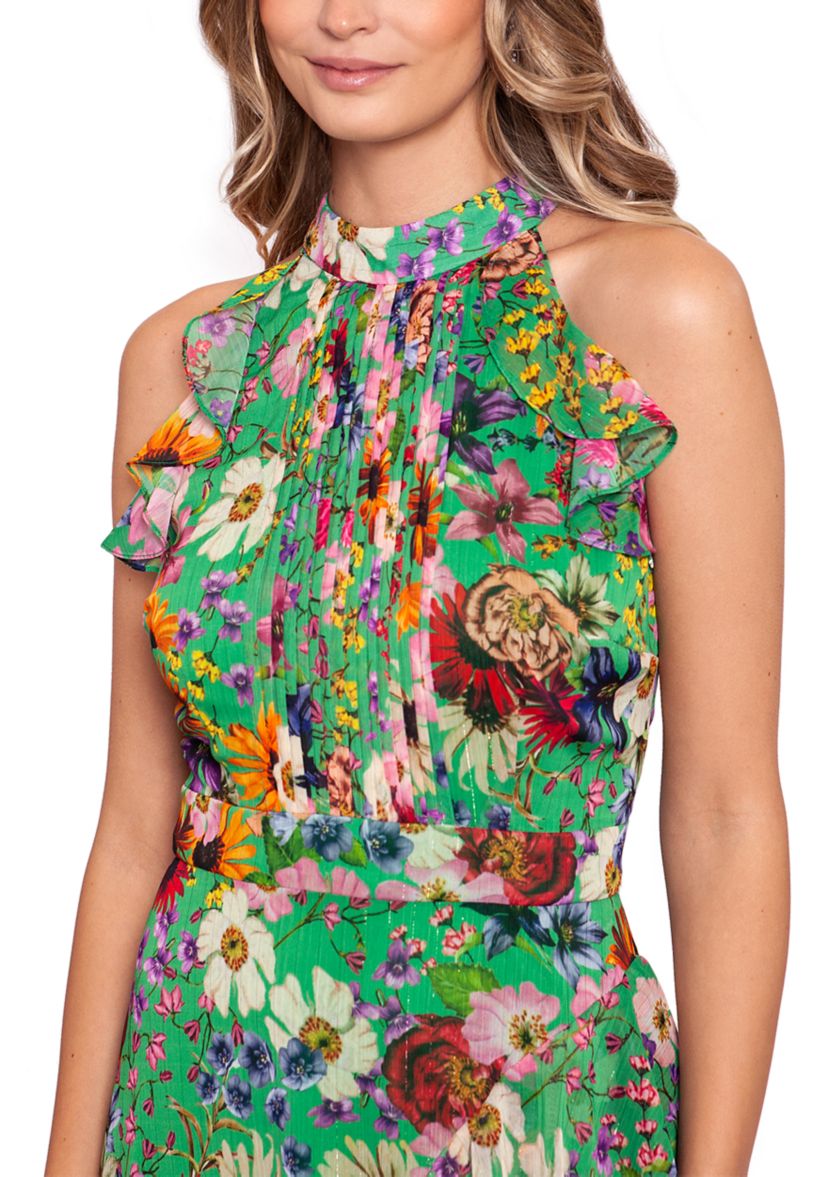 Womens Sleeveless Floral Halter Neck Gown 