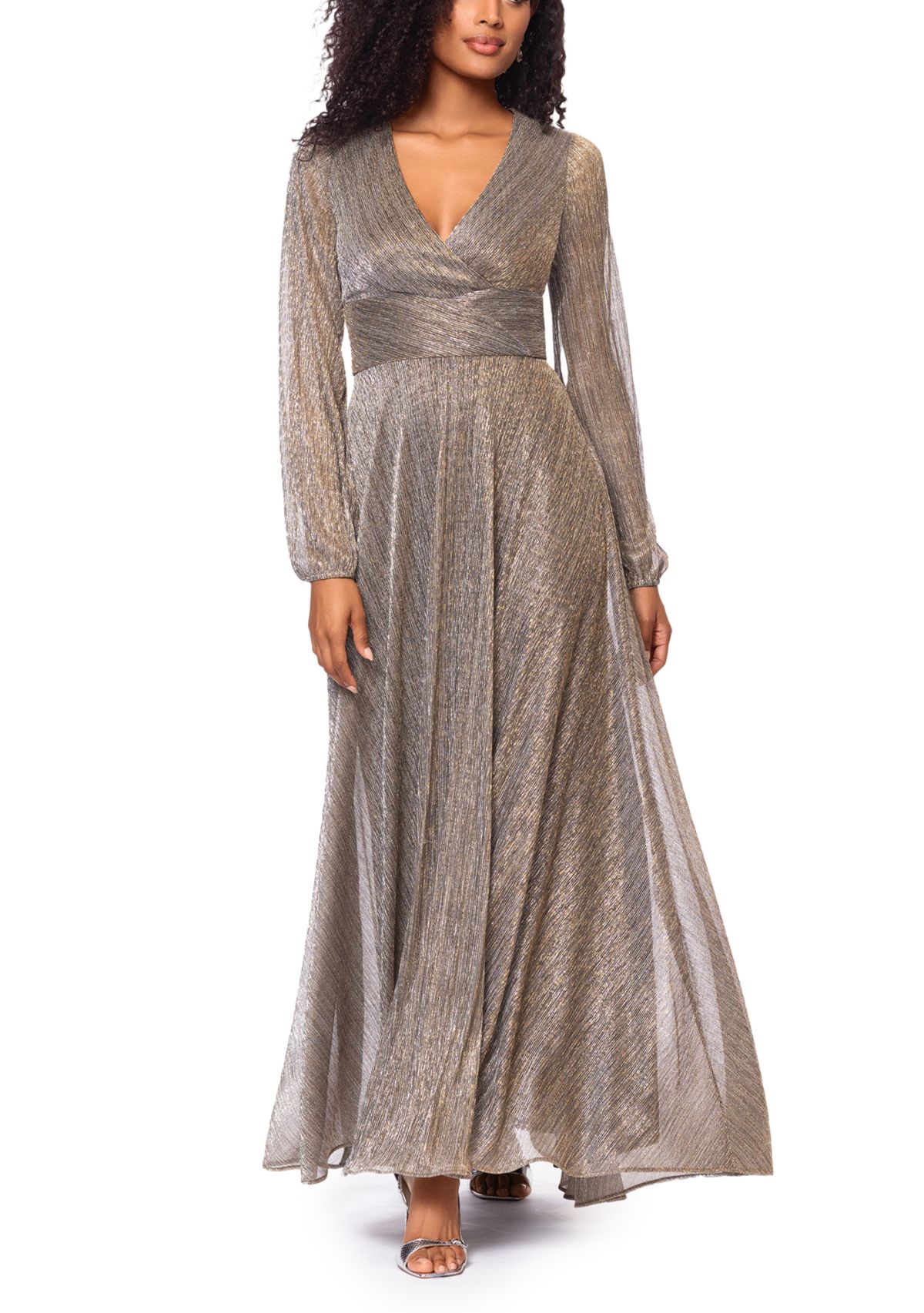 Womens Long Sleeve V-Neck Metallic Knit Gown