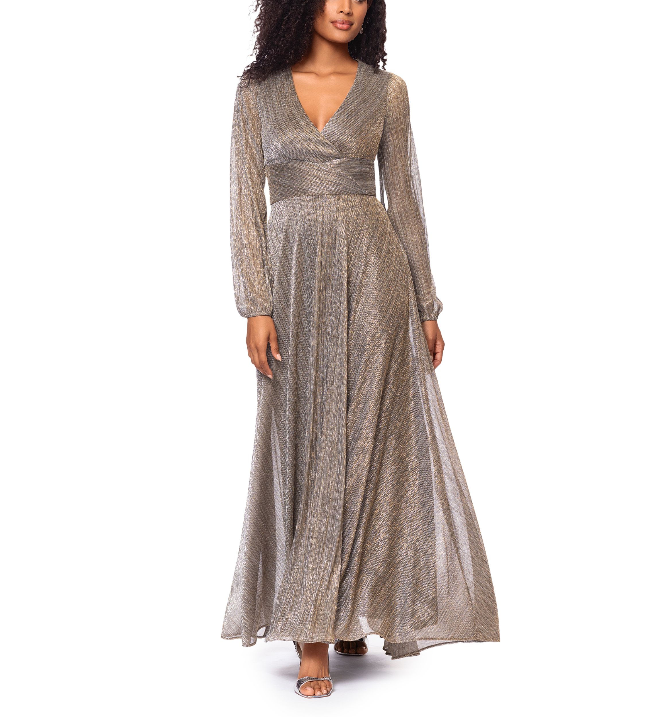 Womens Long Sleeve V-Neck Metallic Knit Gown