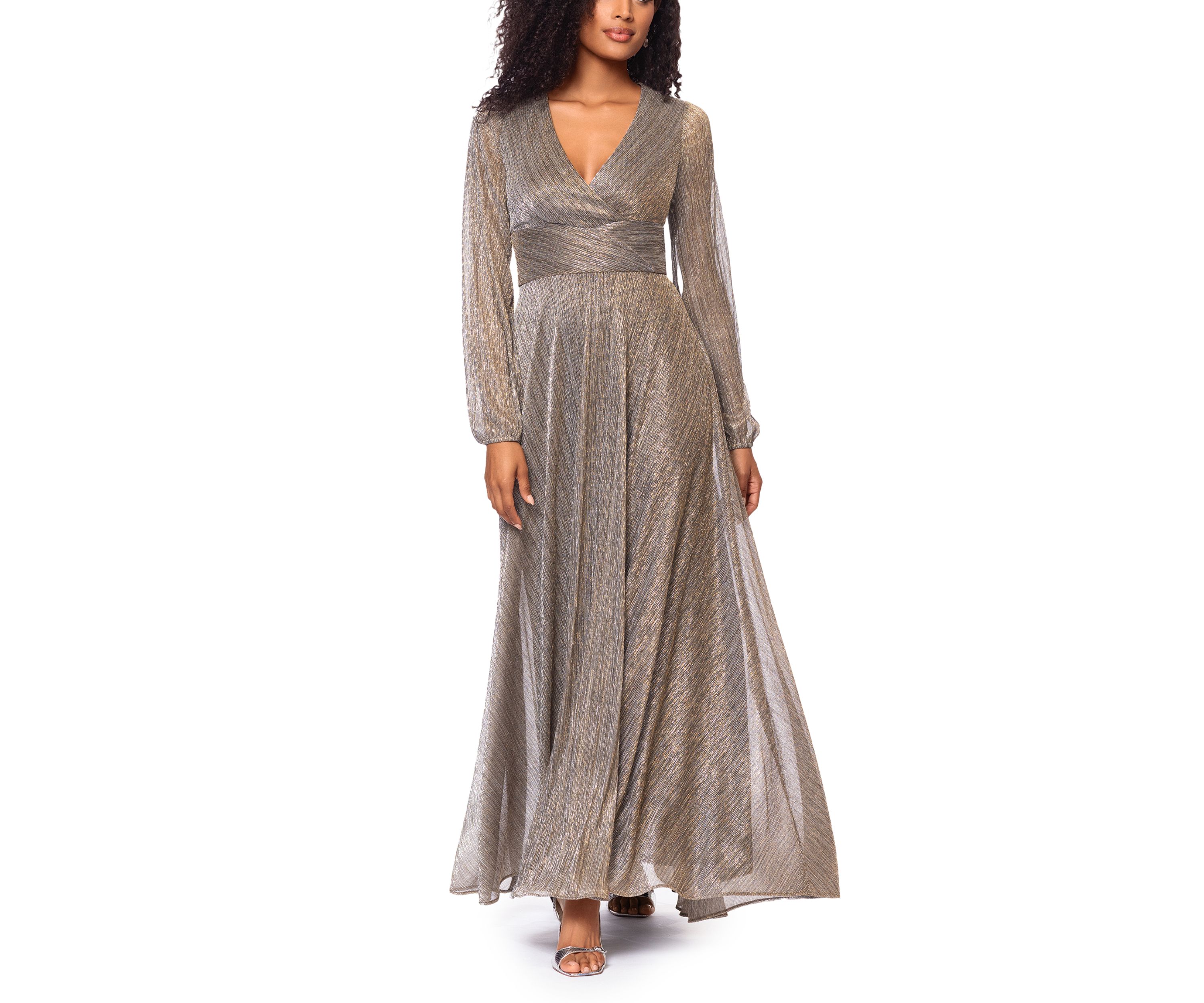 Womens Long Sleeve V-Neck Metallic Knit Gown