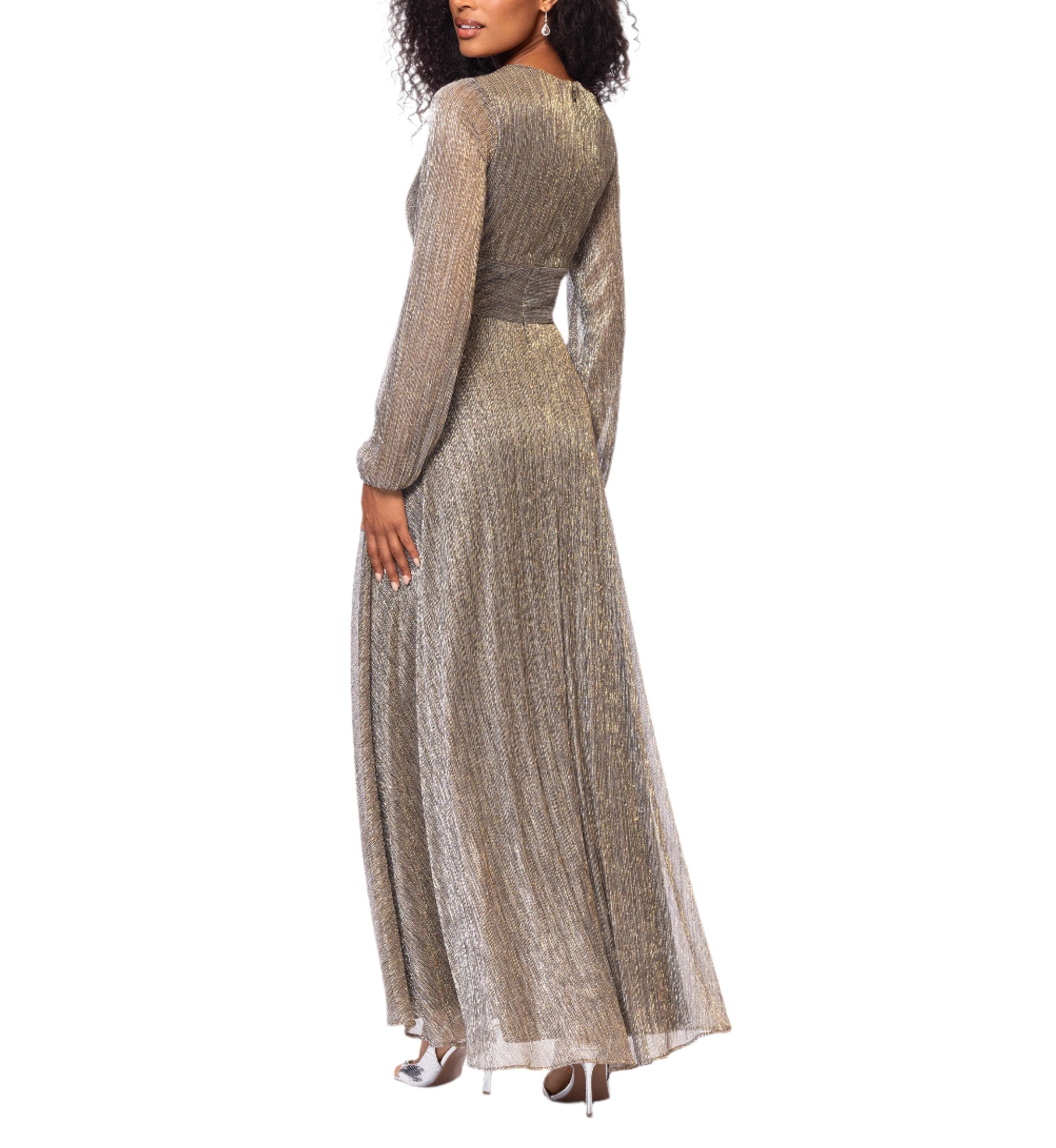 Womens Long Sleeve V-Neck Metallic Knit Gown