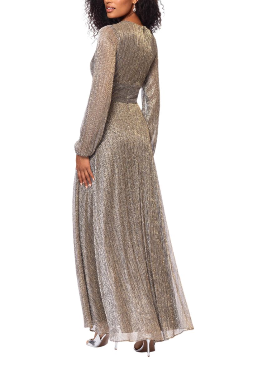 Womens Long Sleeve V-Neck Metallic Knit Gown