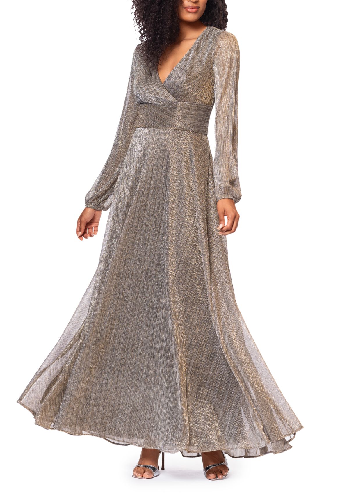 Womens Long Sleeve V-Neck Metallic Knit Gown