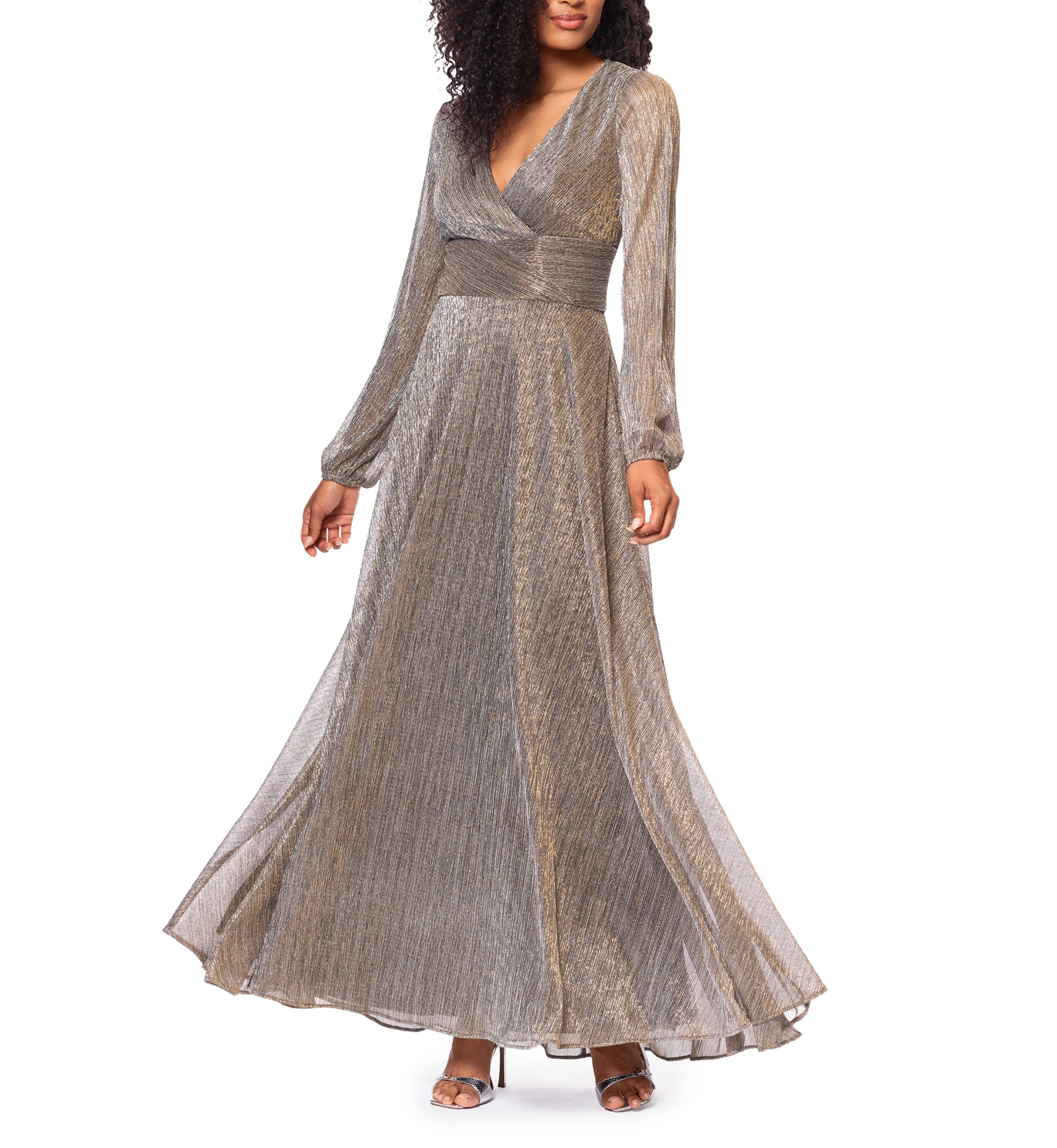 Womens Long Sleeve V-Neck Metallic Knit Gown