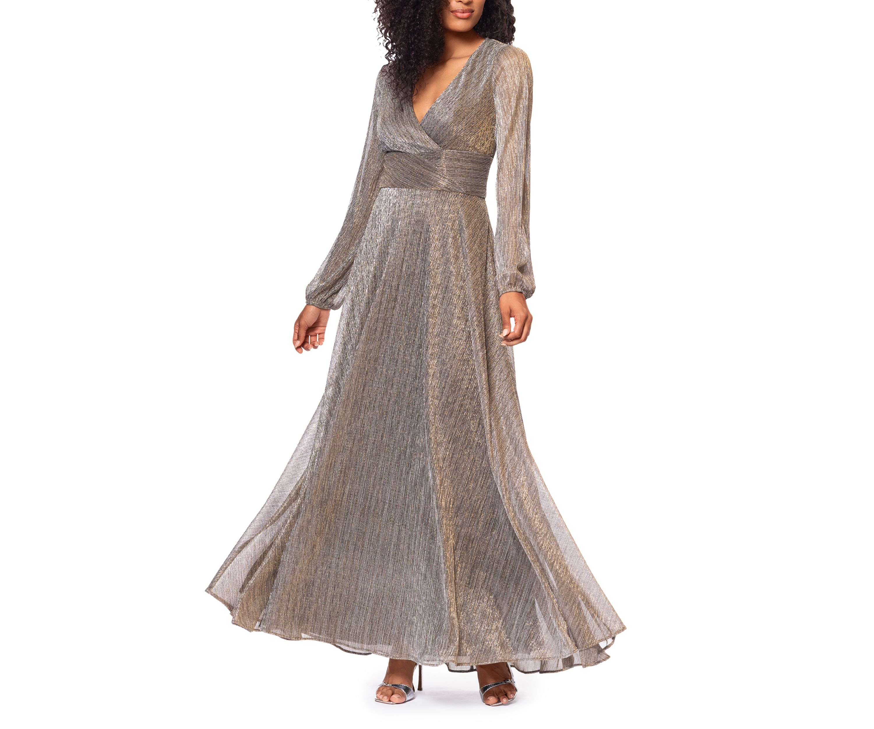 Womens Long Sleeve V-Neck Metallic Knit Gown