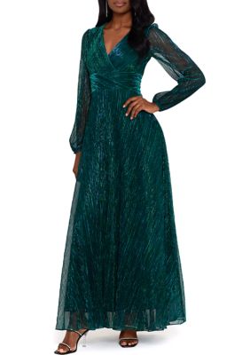 Betsy & Adam Women's Long Sleeve V-Neck Solid Shimmer Gown