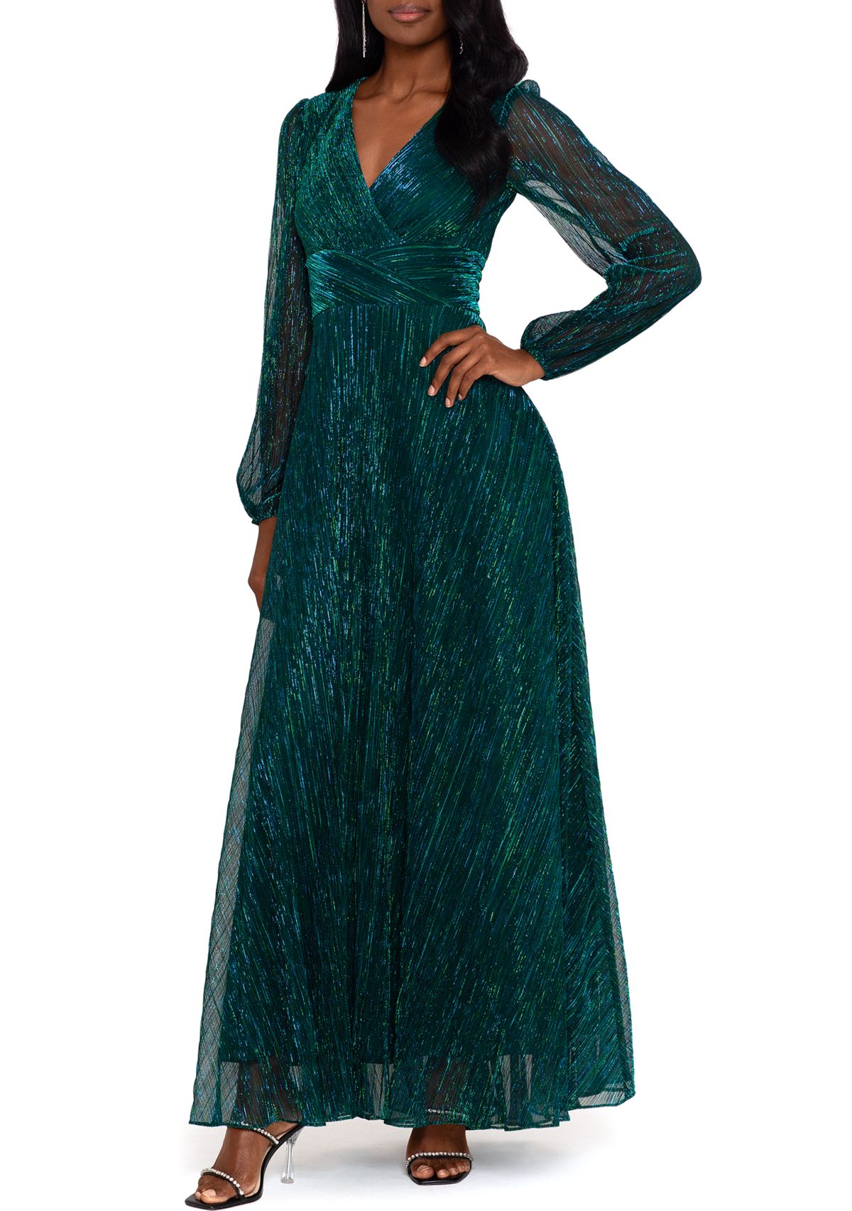 Womens Long Sleeve V-Neck Solid Shimmer Gown