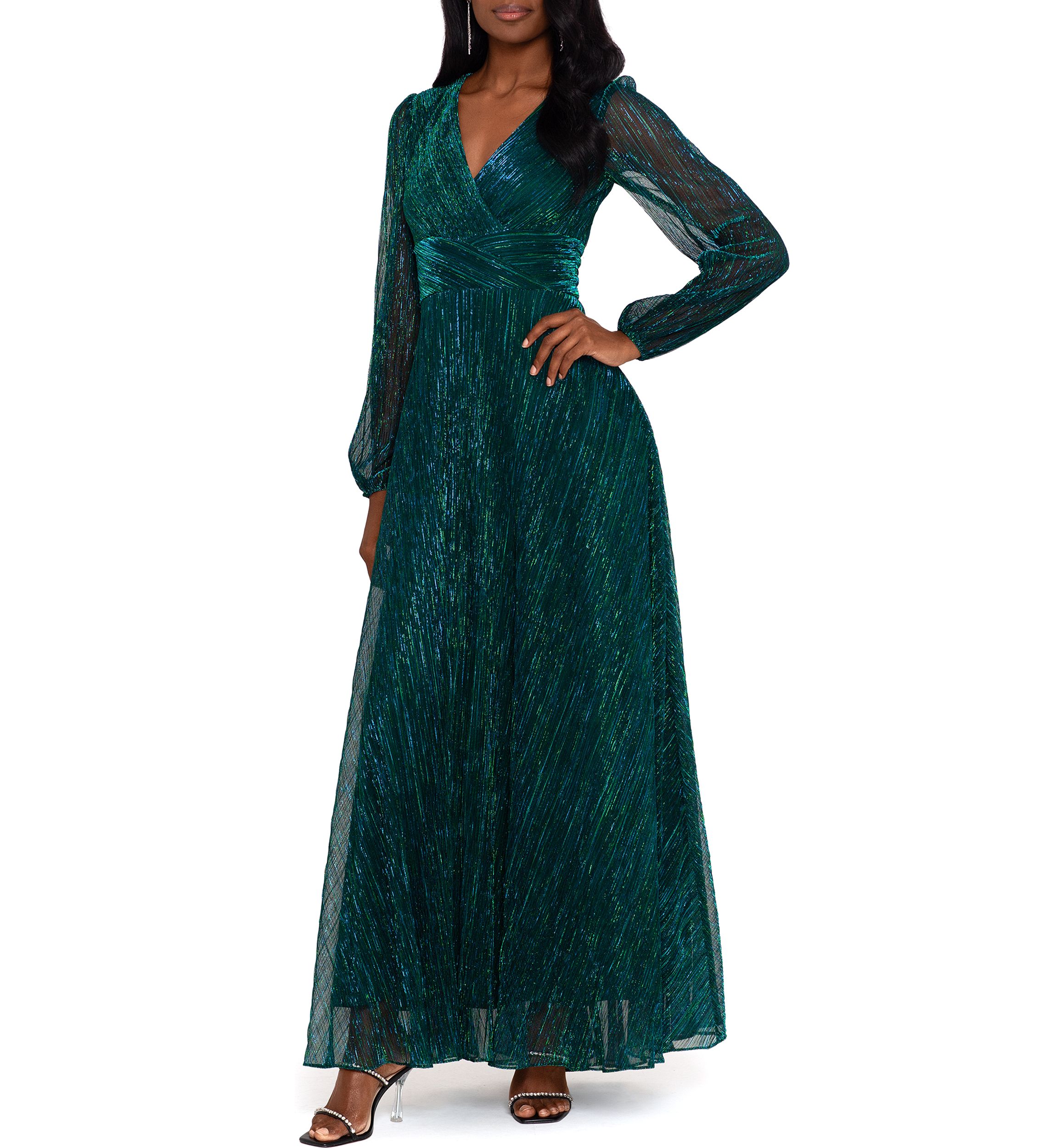 Womens Long Sleeve V-Neck Solid Shimmer Gown