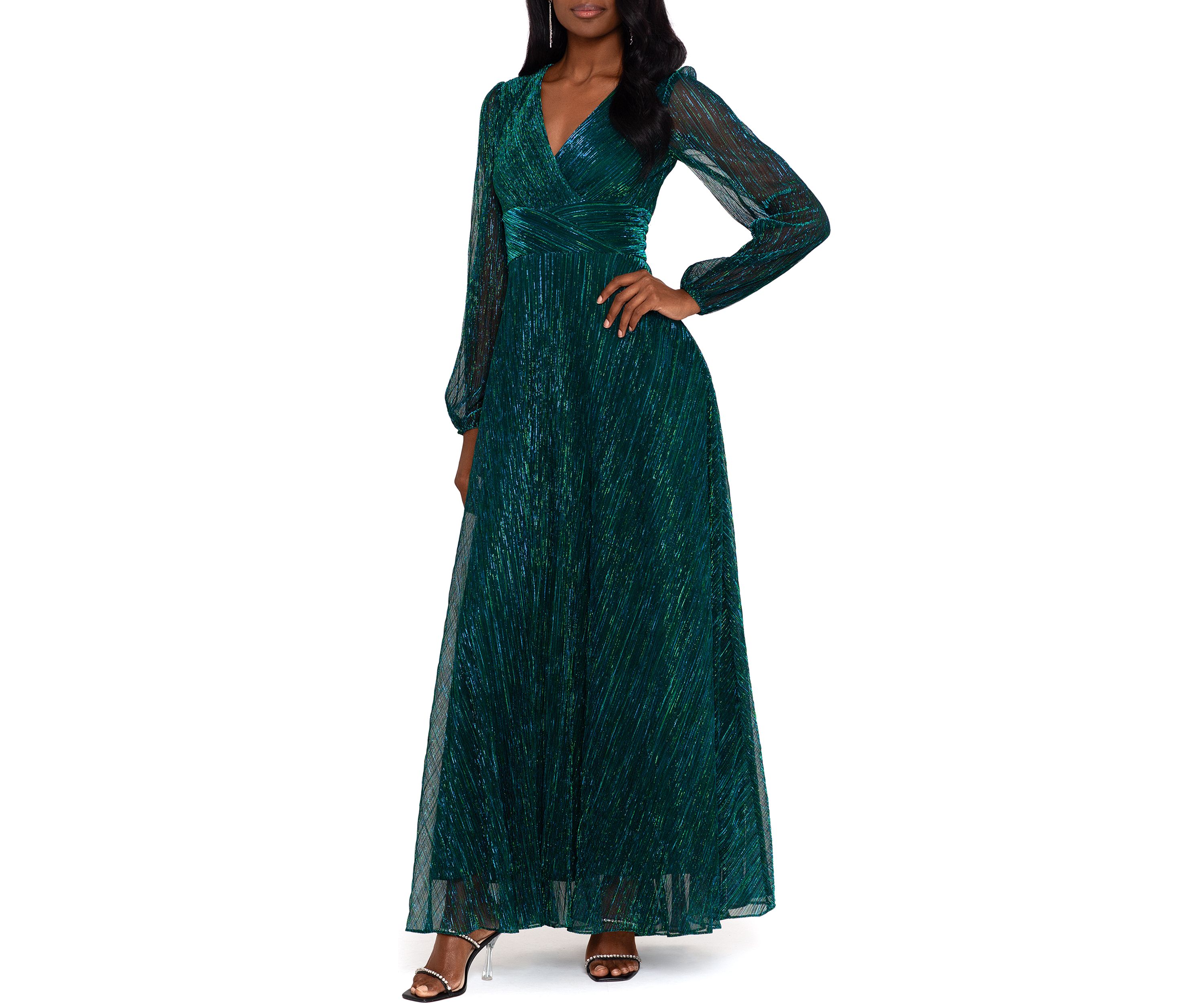 Womens Long Sleeve V-Neck Solid Shimmer Gown