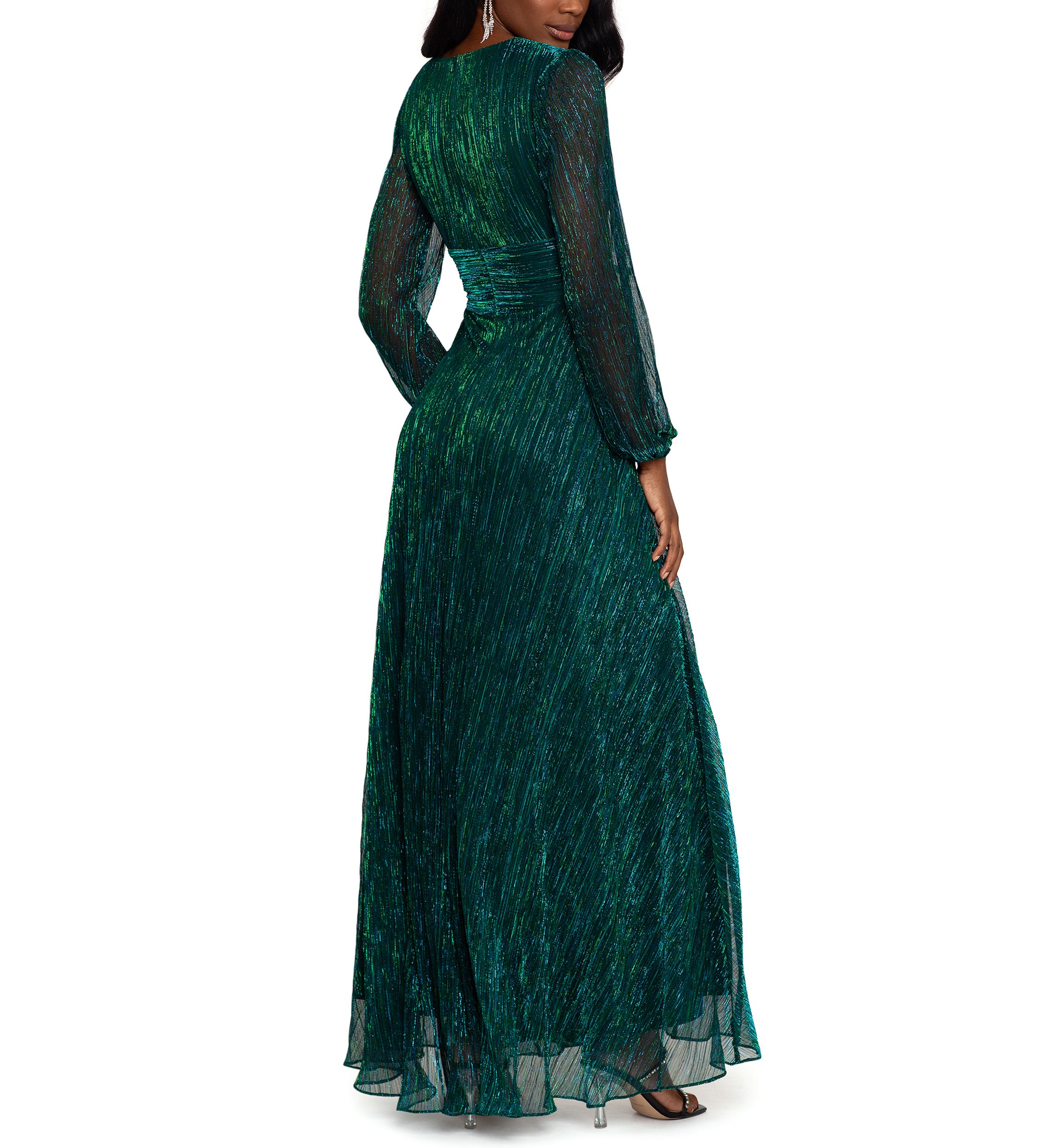 Womens Long Sleeve V-Neck Solid Shimmer Gown