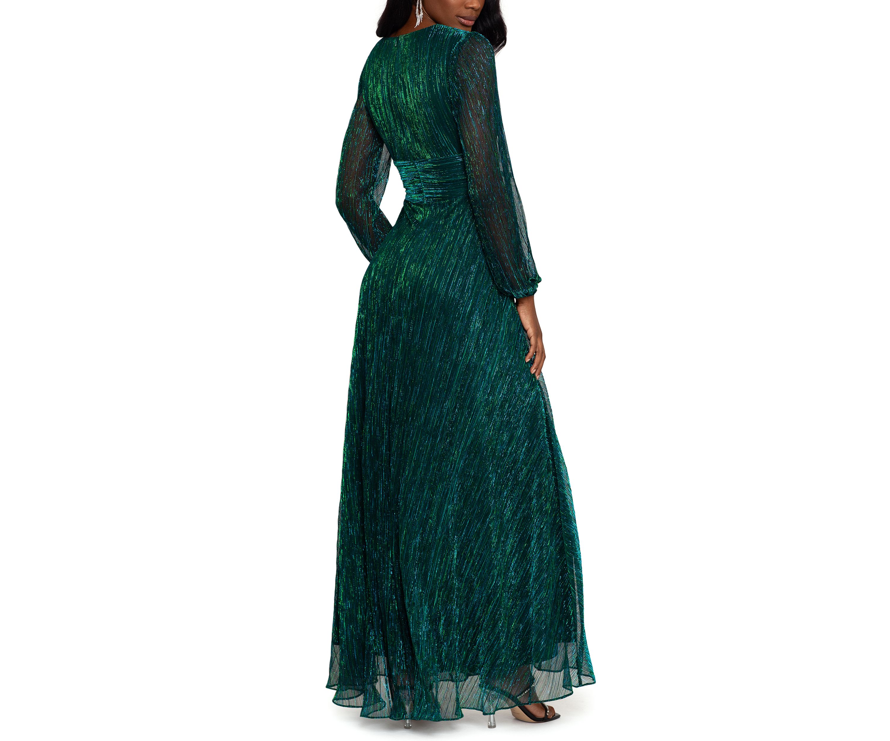 Womens Long Sleeve V-Neck Solid Shimmer Gown