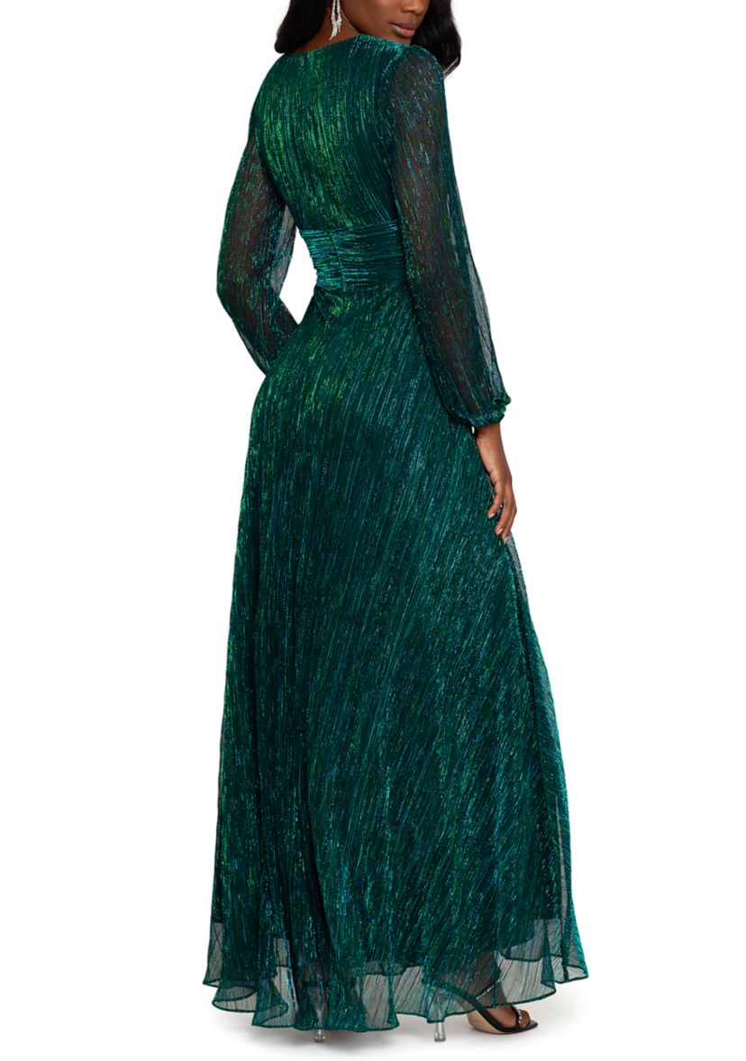Womens Long Sleeve V-Neck Solid Shimmer Gown