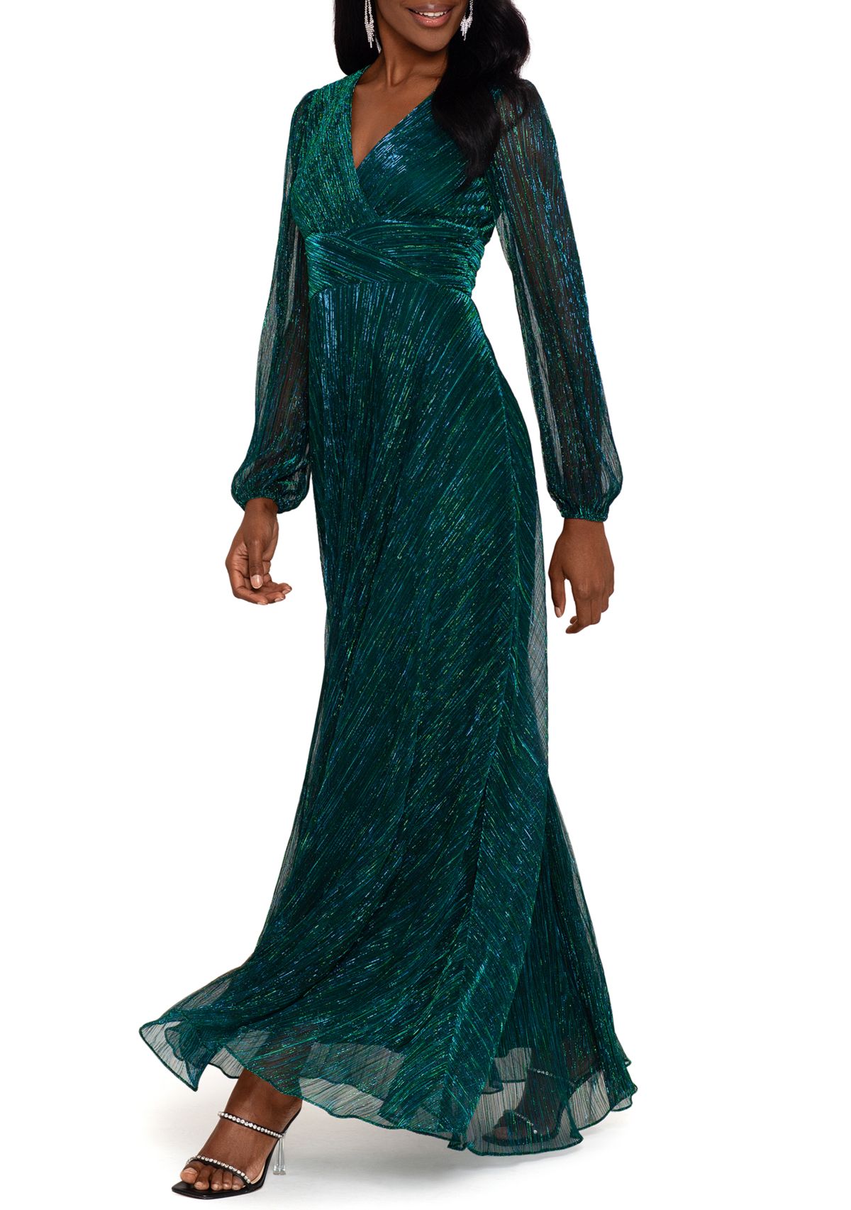 Womens Long Sleeve V-Neck Solid Shimmer Gown