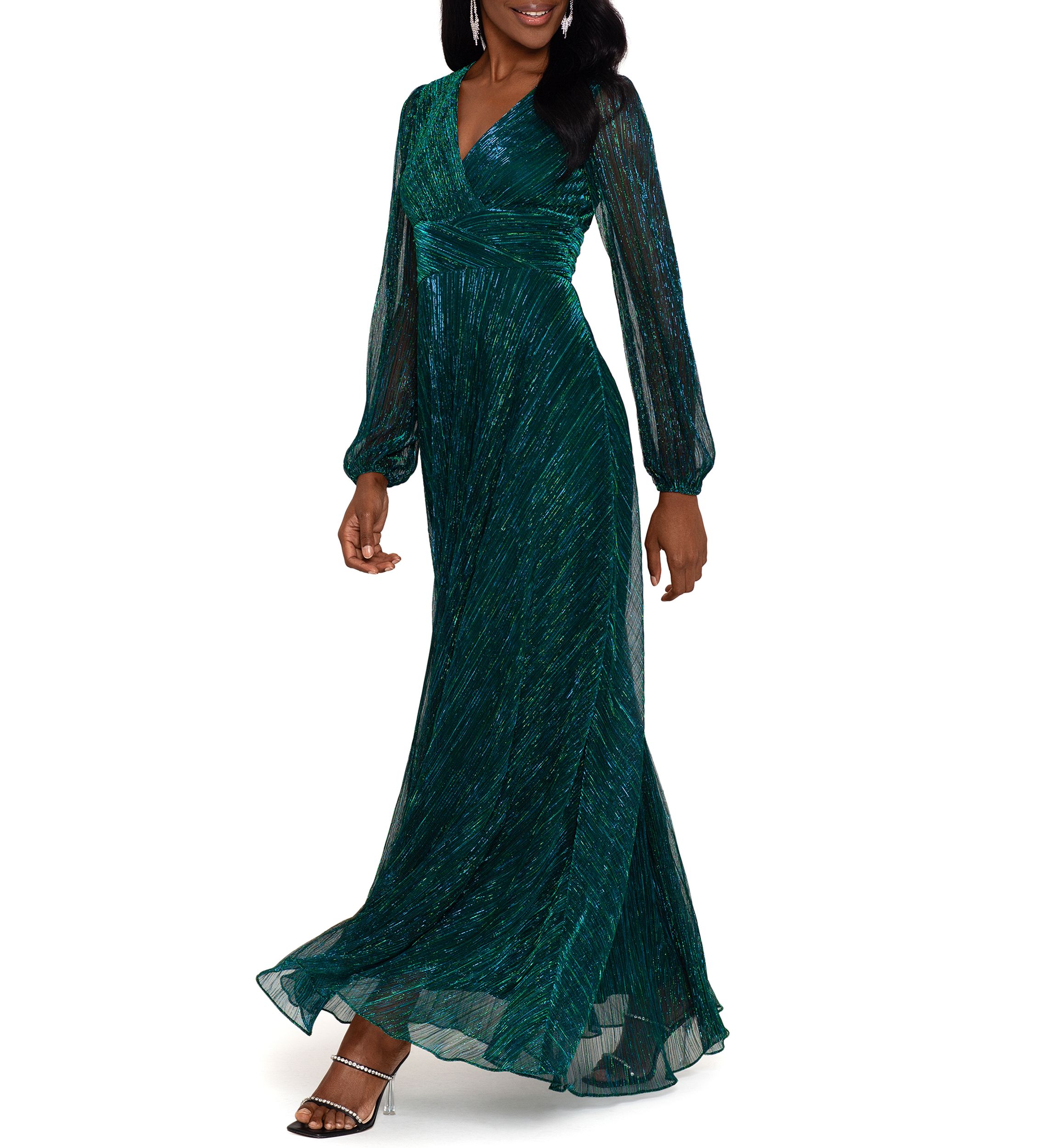 Womens Long Sleeve V-Neck Solid Shimmer Gown