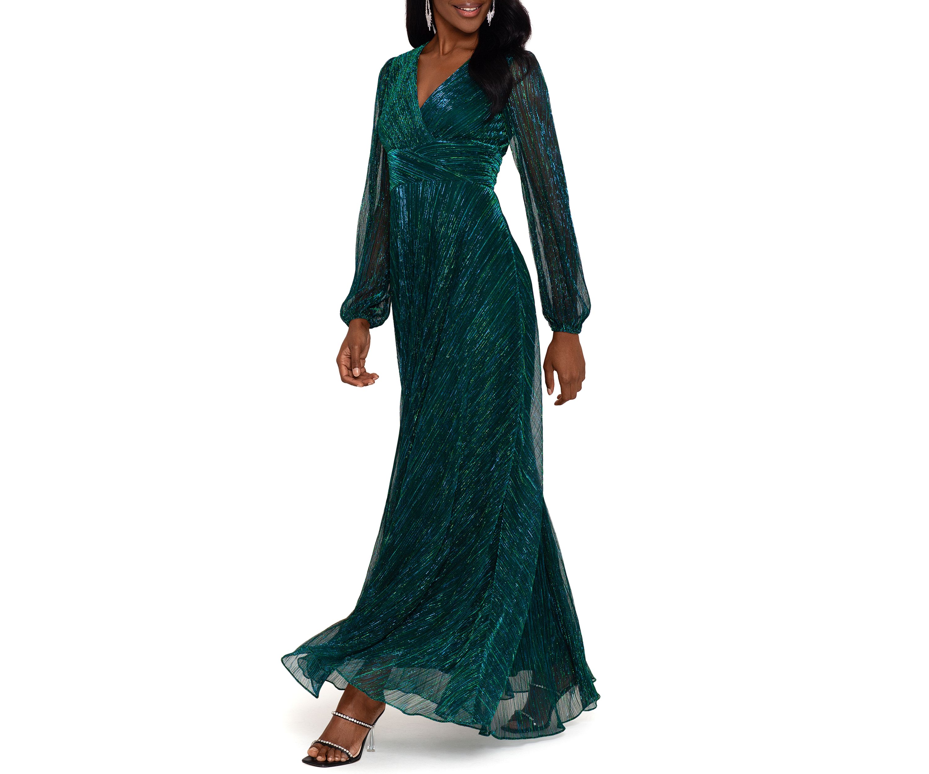 Womens Long Sleeve V-Neck Solid Shimmer Gown
