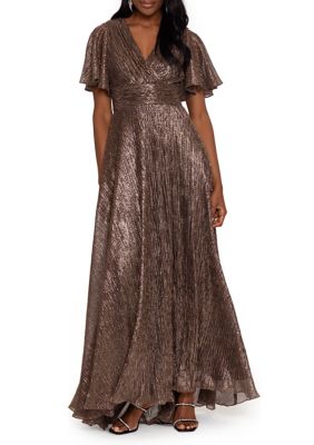 Betsy & Adam Women's Short Sleeve V-Neck Flutter Sleeve Shimmer Fit & Flare Gown