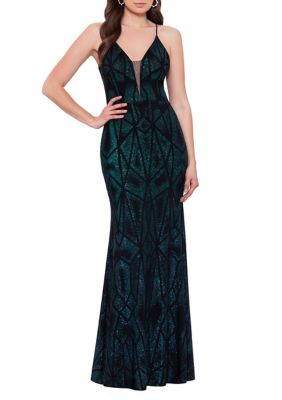 Betsy & Adam Women's Sleeveless V-Neck Mesh Abstract Print Gown