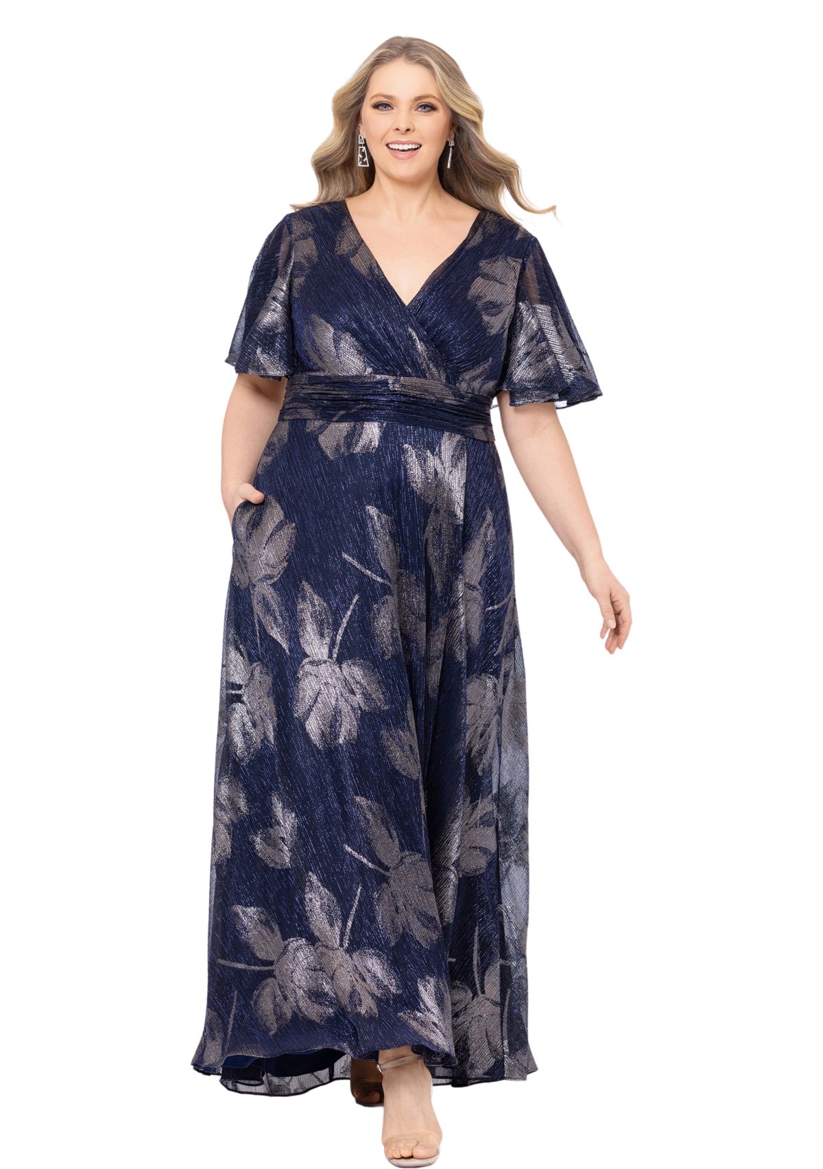 Plus Size Flutter Sleeve Foil Print Dress