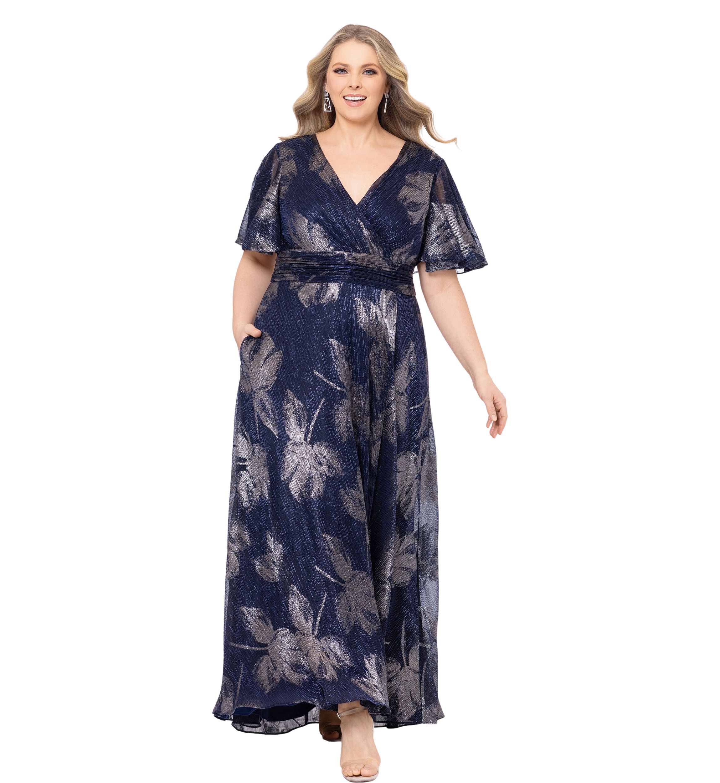 Plus Size Flutter Sleeve Foil Print Dress