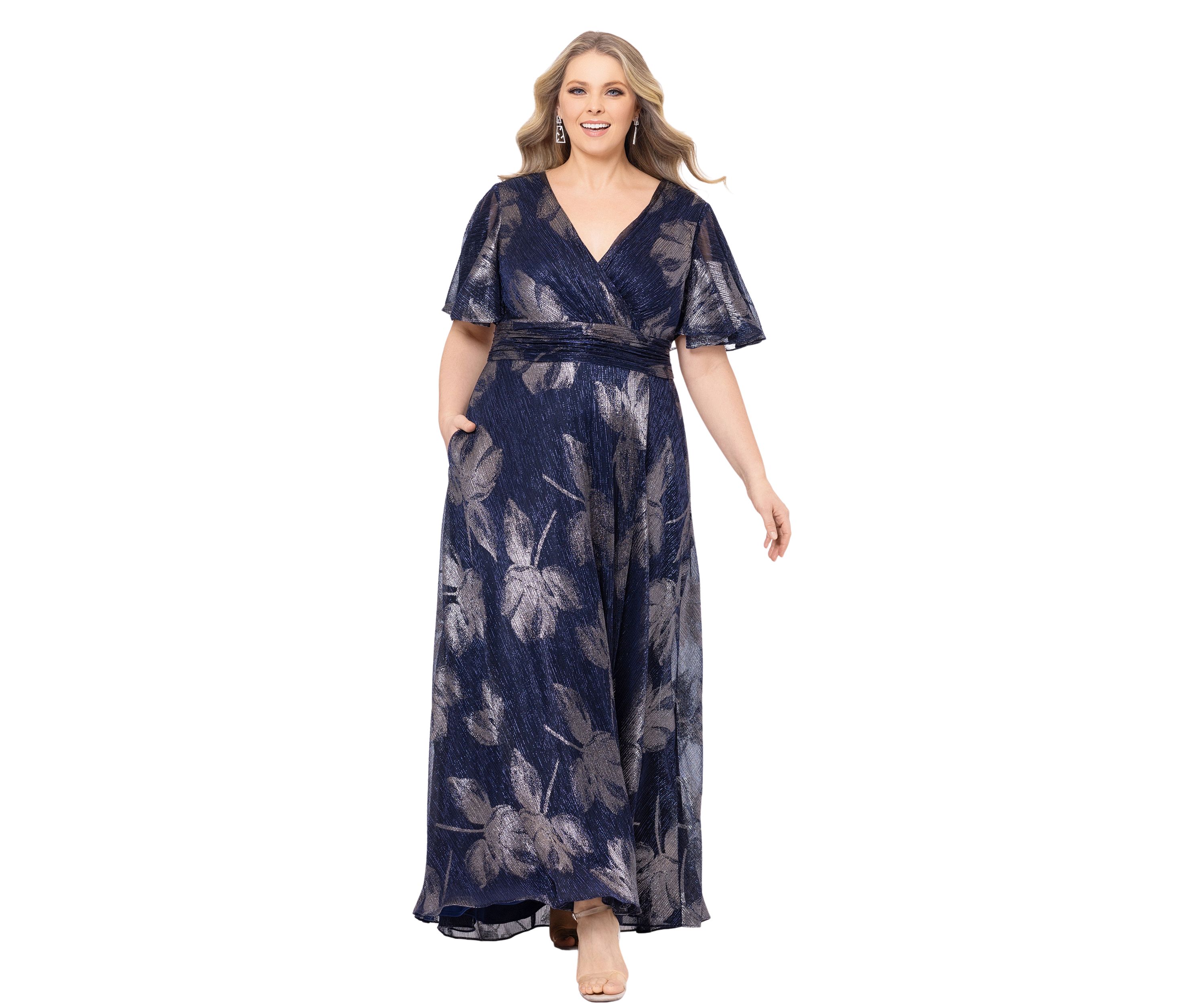 Plus Size Flutter Sleeve Foil Print Dress