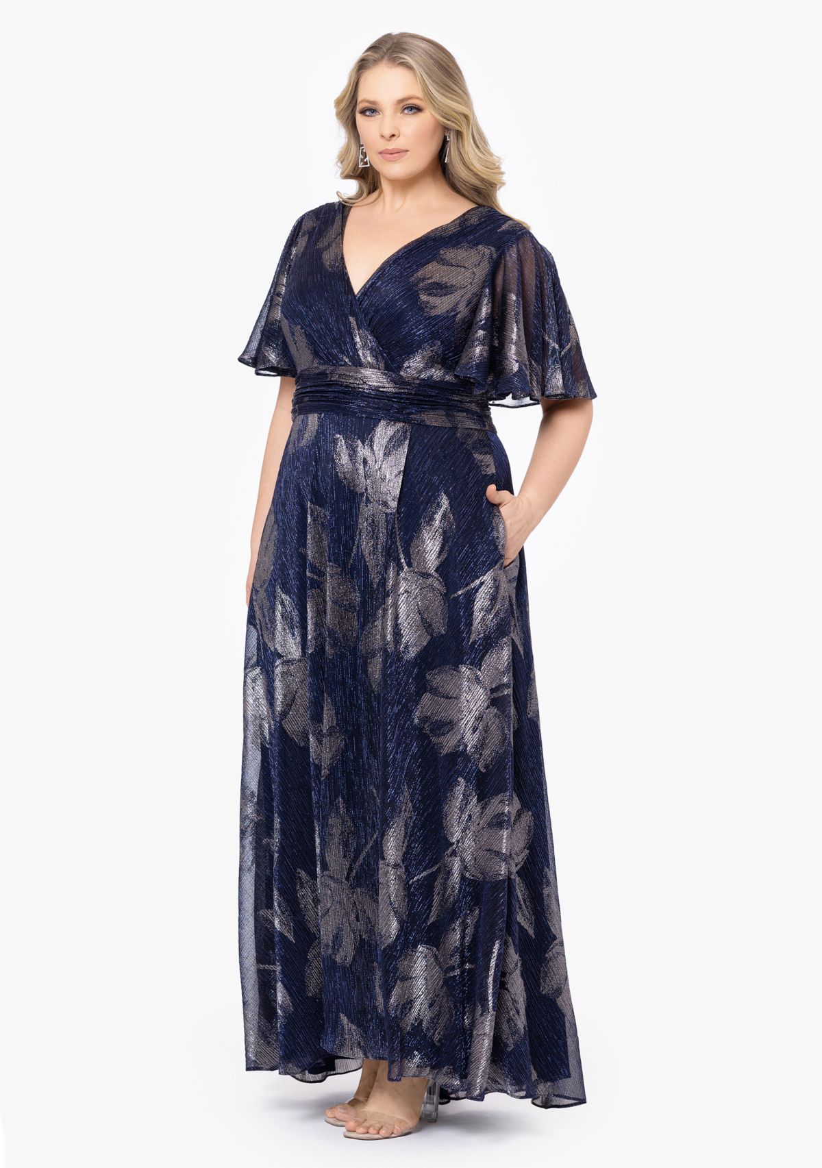 Plus Size Flutter Sleeve Foil Print Dress