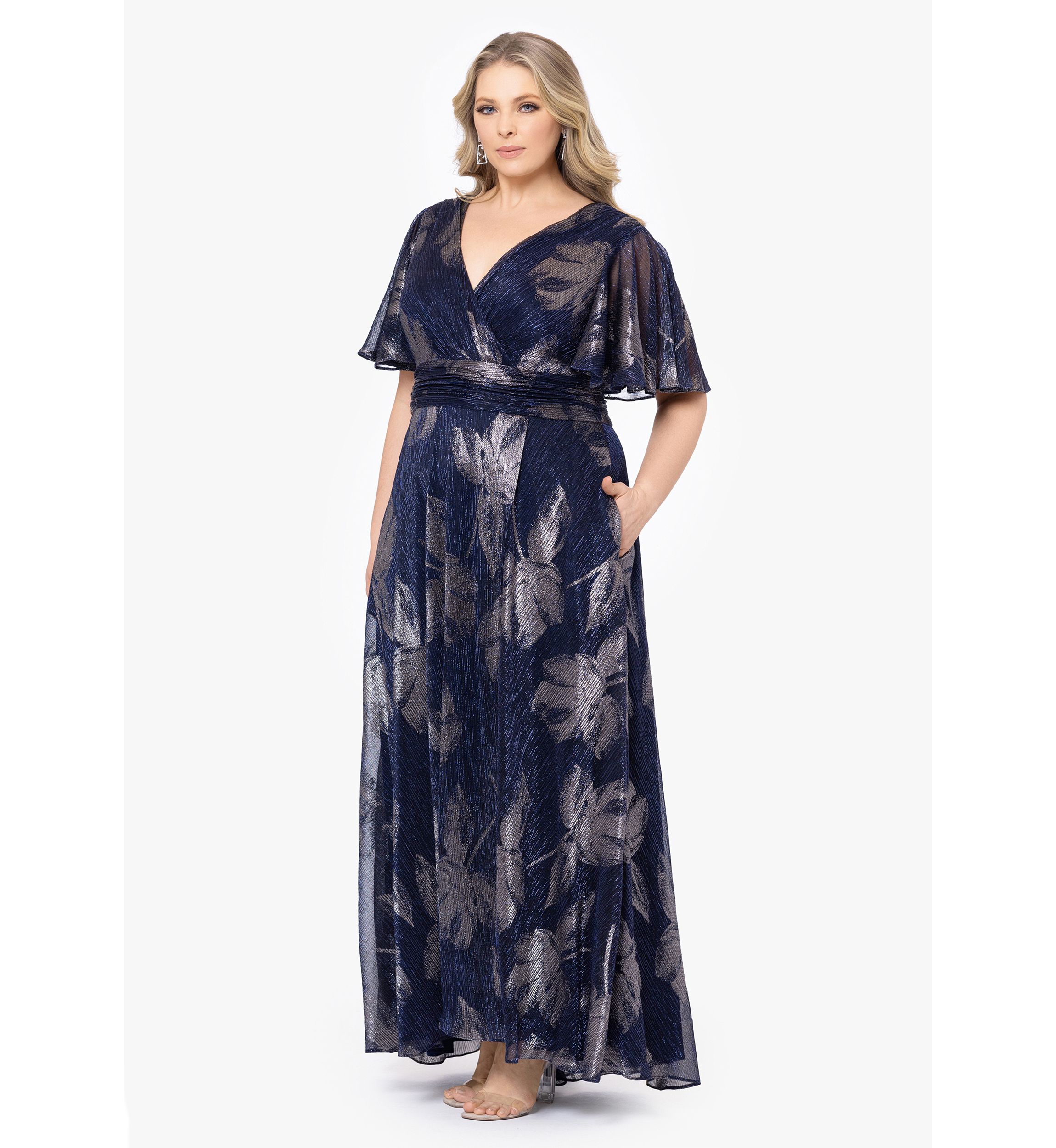 Plus Size Flutter Sleeve Foil Print Dress