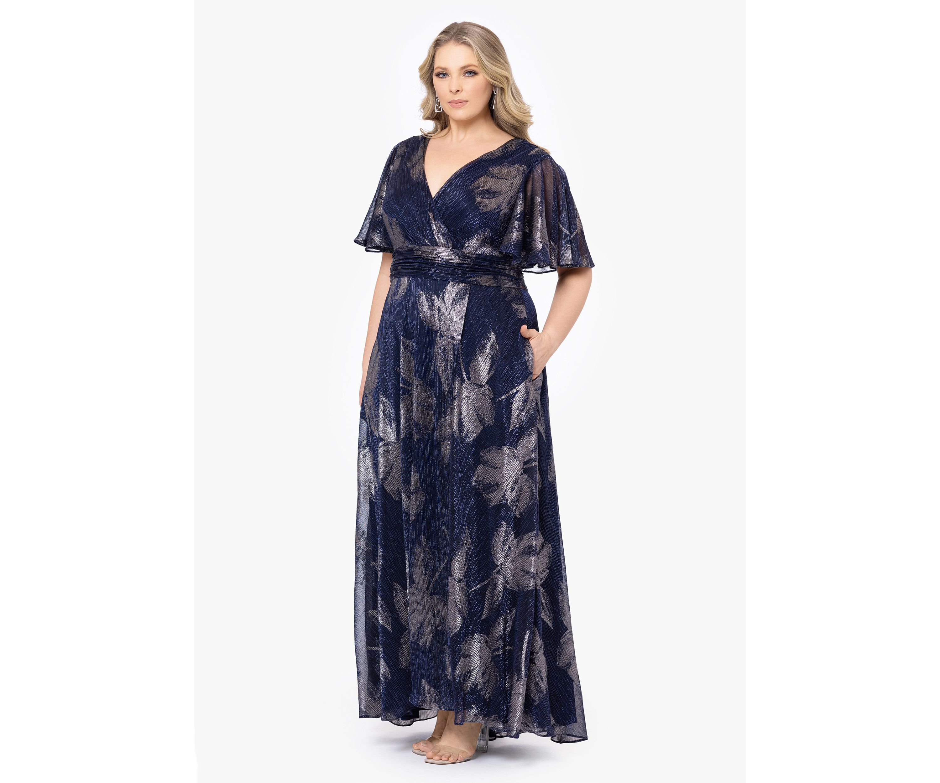 Plus Size Flutter Sleeve Foil Print Dress