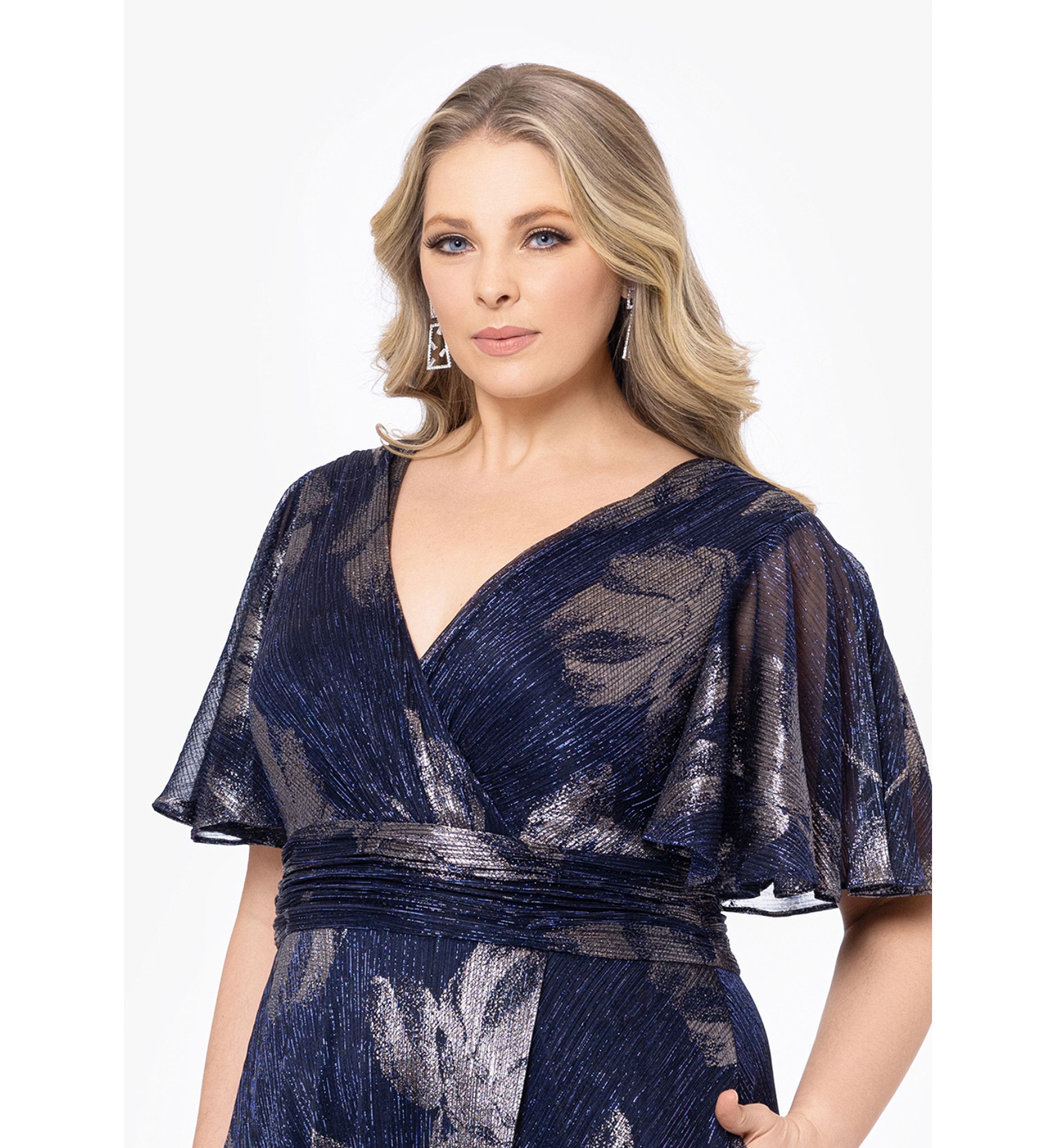 Plus Size Flutter Sleeve Foil Print Dress