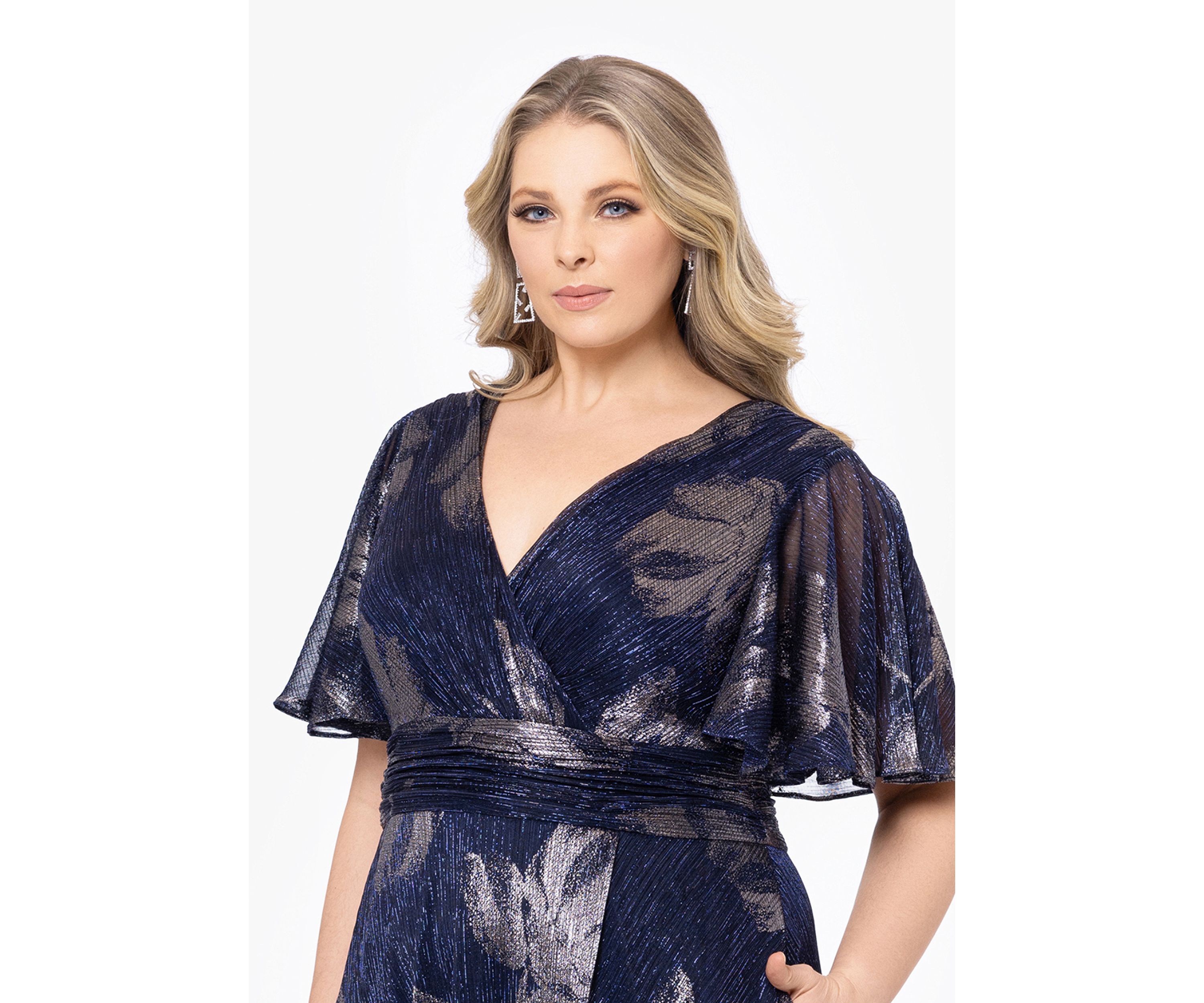 Plus Size Flutter Sleeve Foil Print Dress