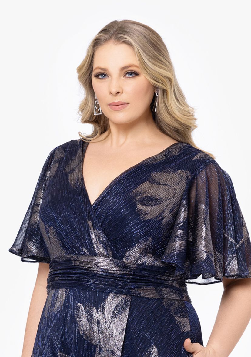 Plus Size Flutter Sleeve Foil Print Dress