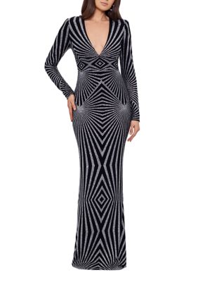 Women's Long Sleeve V-Neck Glitter Geometric Gown