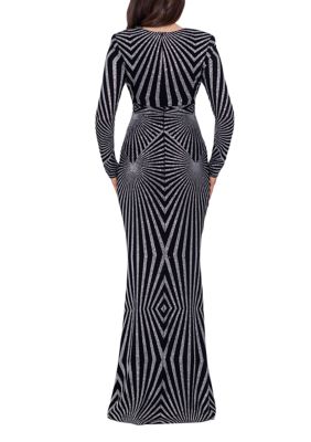 Women's Long Sleeve V-Neck Glitter Geometric Gown