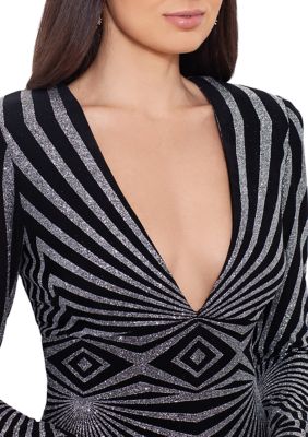 Women's Long Sleeve V-Neck Glitter Geometric Gown