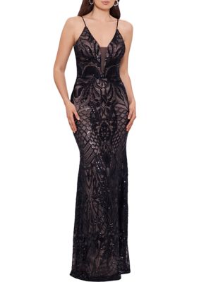 Women's V-Neck Patterned Sequin Gown