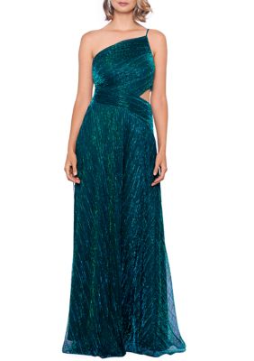 Betsy & Adam Women's One Shoulder Foil Solid Fit And Flare Gown
