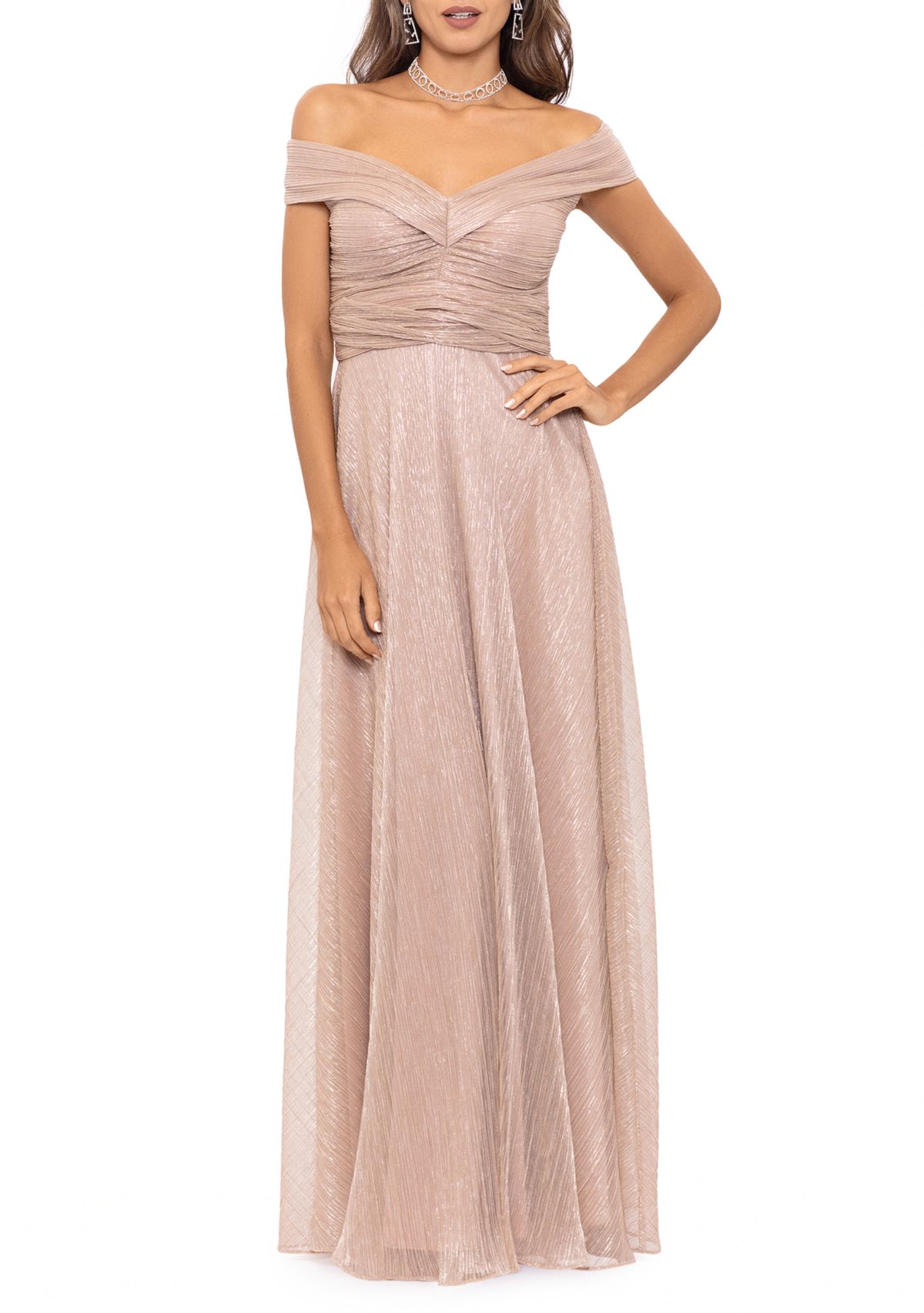 Womens Off the Shoulder Ruched Bust Crinkle Gown