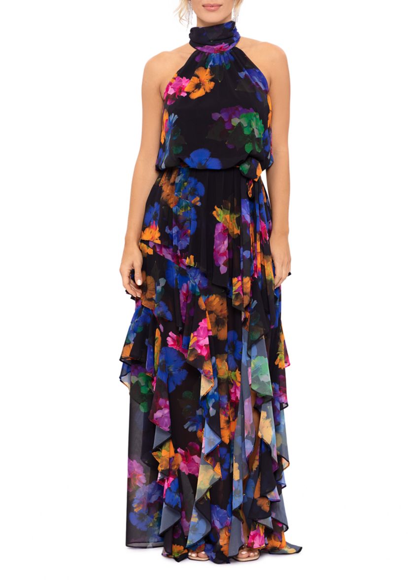 Betsy & Adam Women's Sleeveless Halter Neck Ruffle Skirt Floral Chiffon Gown  | Belk