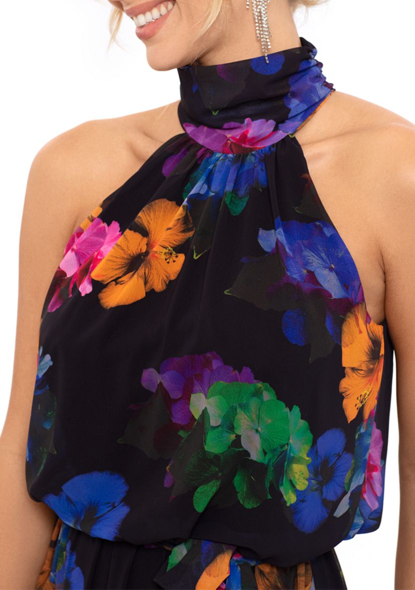 Betsy & Adam Women's Sleeveless Halter Neck Ruffle Skirt Floral Chiffon Gown  | Belk