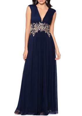 Betsy & Adam Women's V-Neck Embroidered Waist Gown