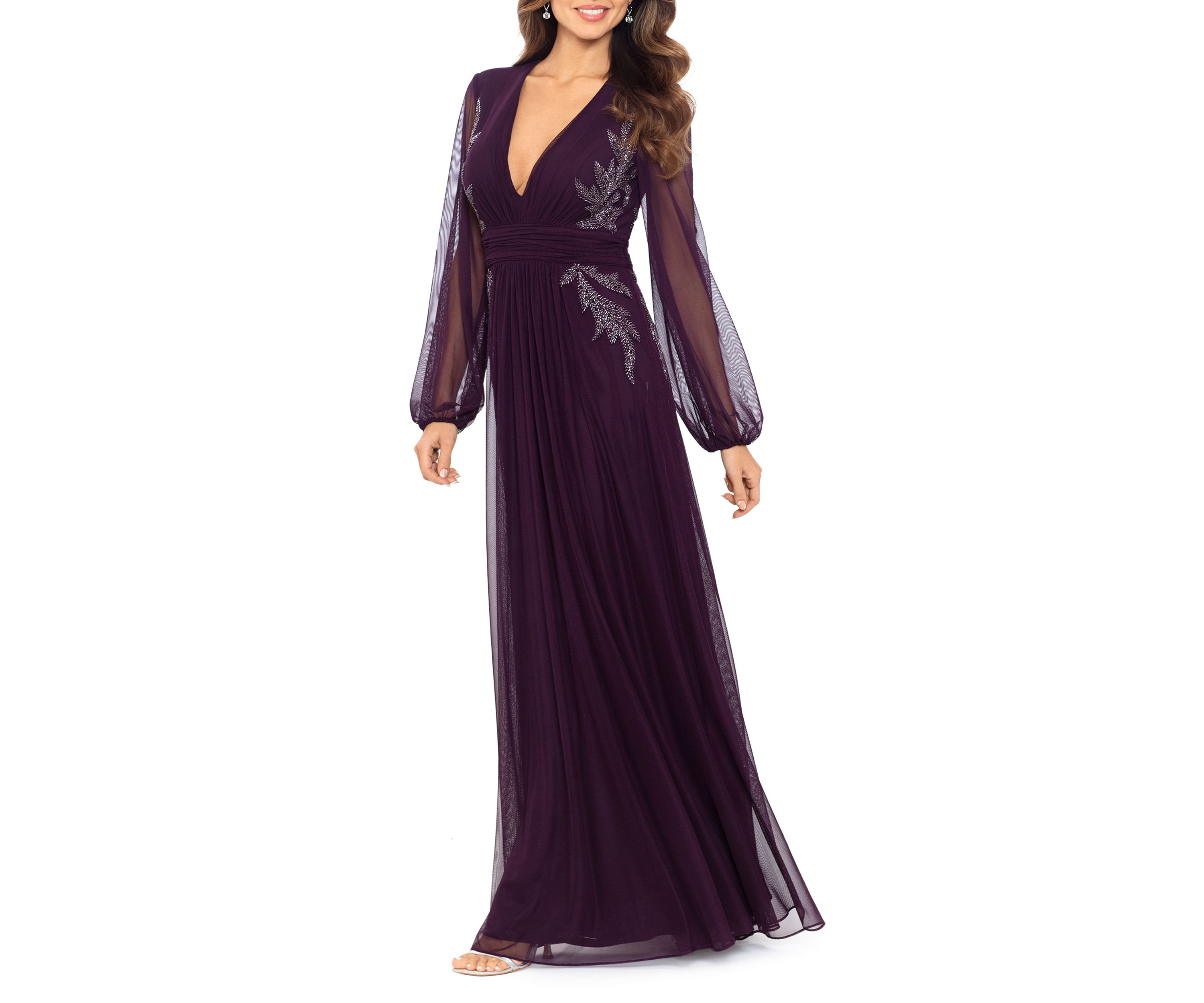 Womens V-Neck Embellished Gown 
