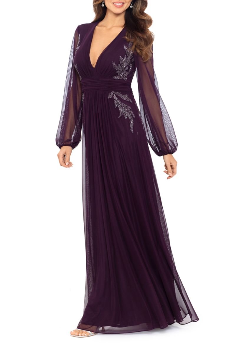 Womens V-Neck Embellished Gown 