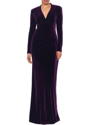 Women's Long Sleeve V-Neck Solid Velvet Gown