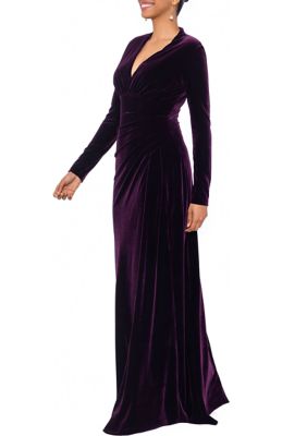 Women's Long Sleeve V-Neck Solid Velvet Gown